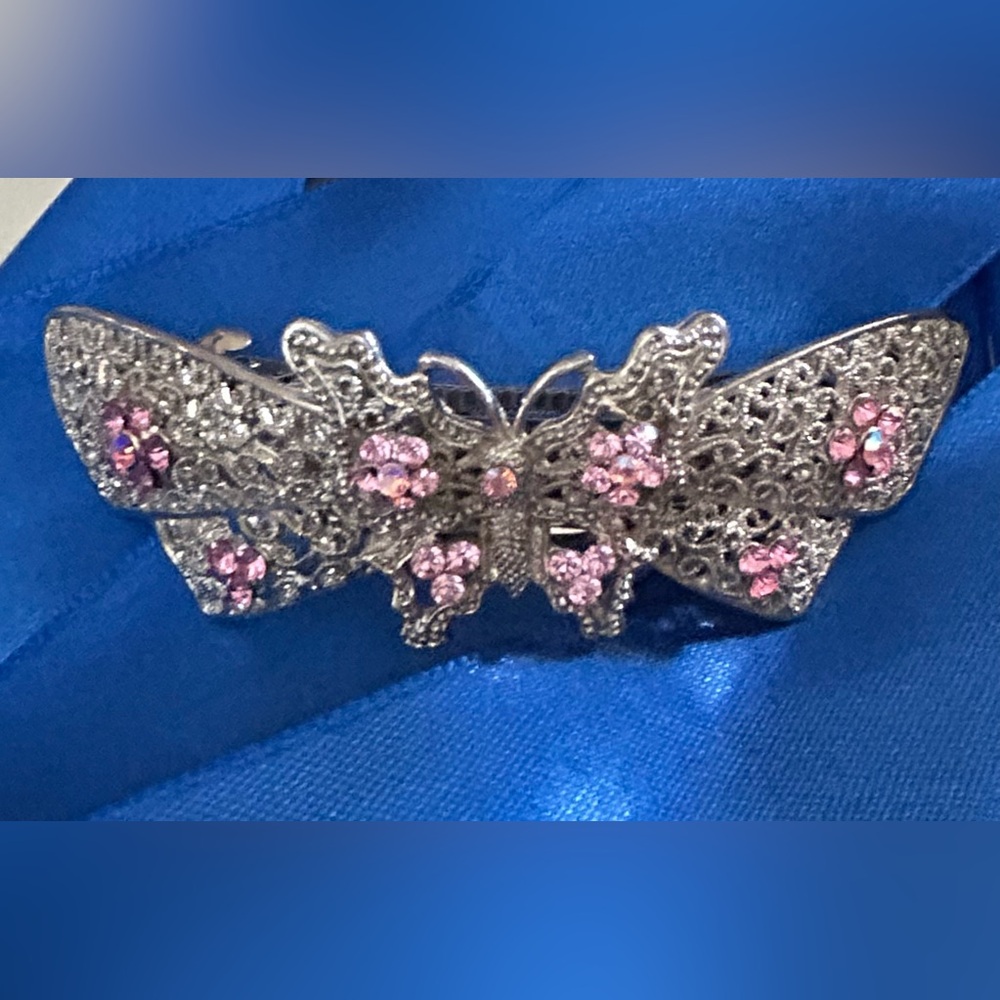 Vintage Butterfly Hair Barrette with Pink Rhinestones